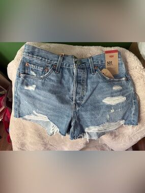 Levi's 501 Light Blue Distressed Denim Jean Shorts
